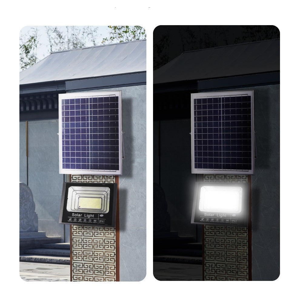 Proiector LED/Lampa solara de exterior Kaveny, 22 cm x 27 cm, Rezistent la Apa IP67, cu Panou Solar, 220LED SMD, 100W, Senzor de lumina, Timer, cu Telecomanda, 2 moduri de iluminat, kit montaj inclus, Lumina Rece