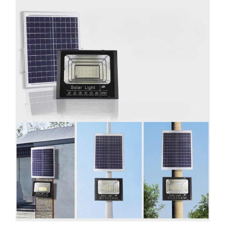 Proiector LED/Lampa solara de exterior Kaveny, 22 cm x 27 cm, Rezistent la Apa IP67, cu Panou Solar, 220LED SMD, 100W, Senzor de lumina, Timer, cu Telecomanda, 2 moduri de iluminat, kit montaj inclus, Lumina Rece