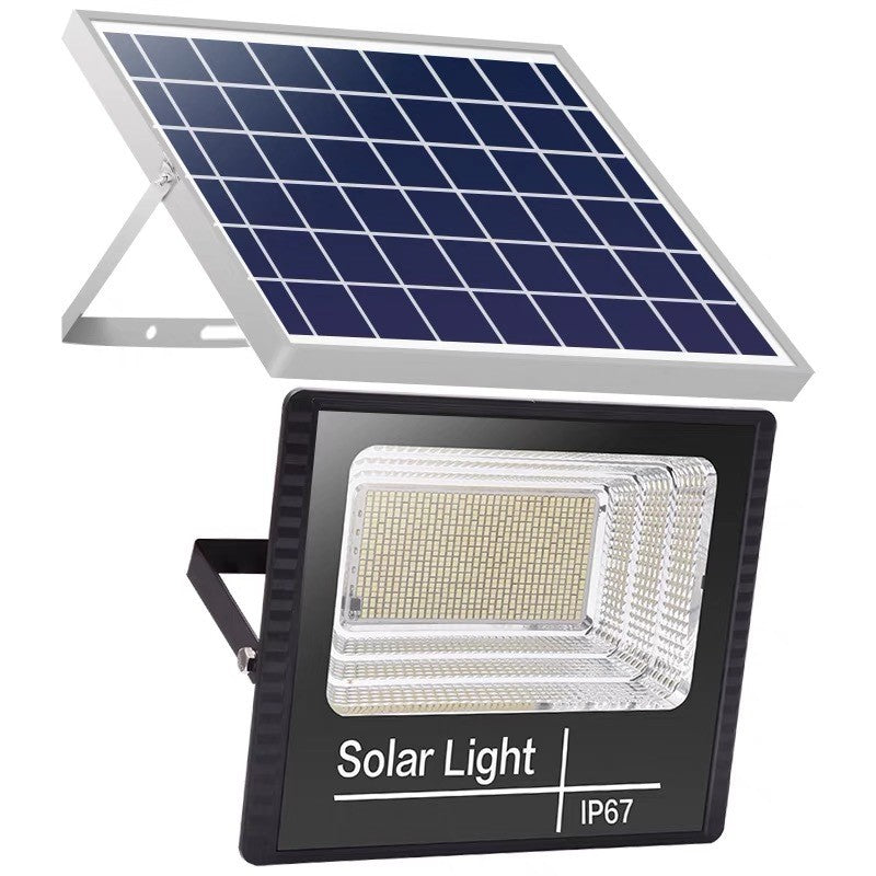 Proiector LED/Lampa solara de exterior Kaveny, 22 cm x 27 cm, Rezistent la Apa IP67, cu Panou Solar, 220LED SMD, 100W, Senzor de lumina, Timer, cu Telecomanda, 2 moduri de iluminat, kit montaj inclus, Lumina Rece