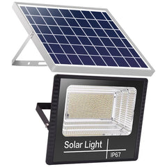Proiector LED/Lampa solara de exterior Kaveny, 22 cm x 27 cm, Rezistent la Apa IP67, cu Panou Solar, 220LED SMD, 100W, Senzor de lumina, Timer, cu Telecomanda, 2 moduri de iluminat, kit montaj inclus, Lumina Rece