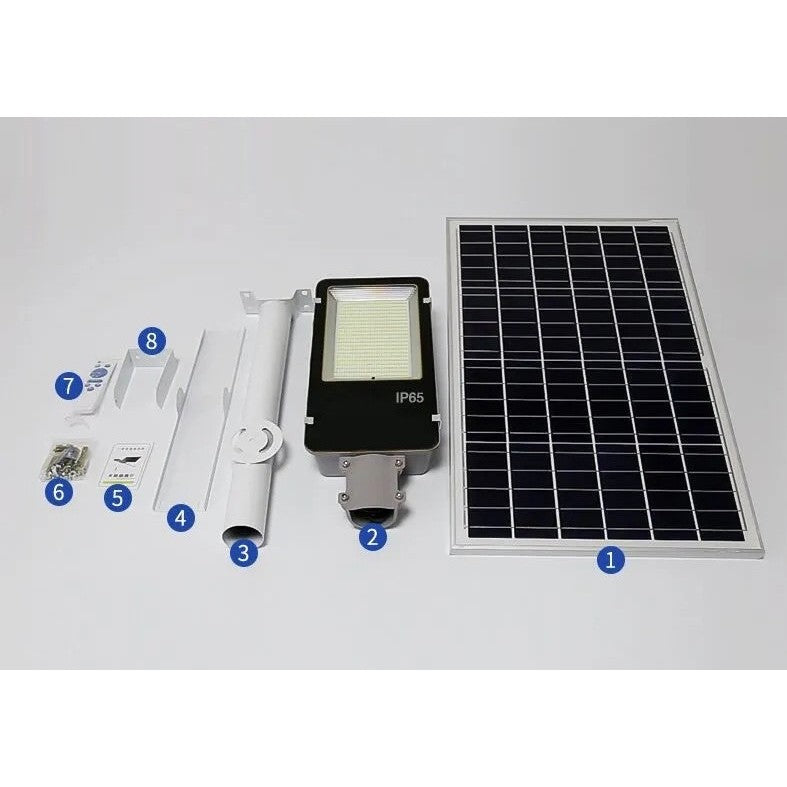 Proiector LED pentru stalp, casa, perete cu suport metalic inclus, Kaveny, 38,5 cm x 14,2 cm, Rezistent la Apa IP65, cu Panou Solar, 240 COB LED, 100 W, Senzor de lumina, Timer, cu Telecomanda, intensitate reglabila, kit montaj inclus, Lumina Rece
