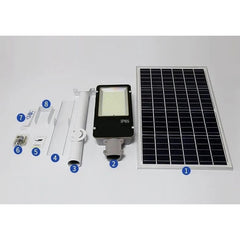 Proiector LED pentru stalp, casa, perete cu suport metalic inclus, Kaveny, 38,5 cm x 14,2 cm, Rezistent la Apa IP65, cu Panou Solar, 240 COB LED, 100 W, Senzor de lumina, Timer, cu Telecomanda, intensitate reglabila, kit montaj inclus, Lumina Rece