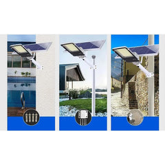 Proiector LED pentru stalp, casa, perete cu suport metalic inclus, Kaveny, 38,5 cm x 14,2 cm, Rezistent la Apa IP65, cu Panou Solar, 240 COB LED, 100 W, Senzor de lumina, Timer, cu Telecomanda, intensitate reglabila, kit montaj inclus, Lumina Rece