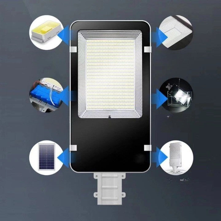 Proiector LED pentru stalp, casa, perete cu suport metalic inclus, Kaveny, 38,5 cm x 14,2 cm, Rezistent la Apa IP65, cu Panou Solar, 240 COB LED, 100 W, Senzor de lumina, Timer, cu Telecomanda, intensitate reglabila, kit montaj inclus, Lumina Rece