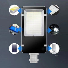 Proiector LED pentru stalp, casa, perete cu suport metalic inclus, Kaveny, 38,5 cm x 14,2 cm, Rezistent la Apa IP65, cu Panou Solar, 240 COB LED, 100 W, Senzor de lumina, Timer, cu Telecomanda, intensitate reglabila, kit montaj inclus, Lumina Rece