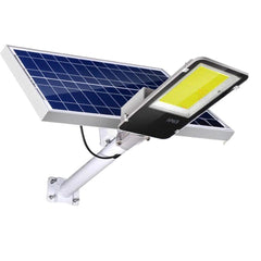 Proiector LED pentru stalp, casa, perete cu suport metalic inclus, Kaveny, 38,5 cm x 14,2 cm, Rezistent la Apa IP65, cu Panou Solar, 240 COB LED, 100 W, Senzor de lumina, Timer, cu Telecomanda, intensitate reglabila, kit montaj inclus, Lumina Rece