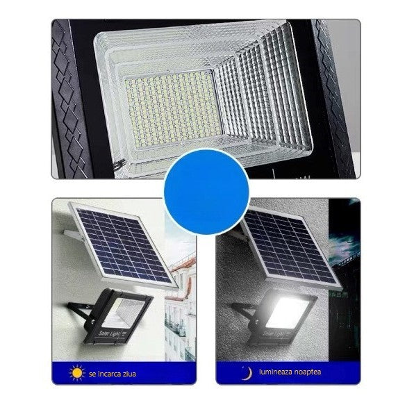 Proiector LED/Lampa solara de exterior Kaveny, 22 cm x 27 cm, Rezistent la Apa IP67, cu Panou Solar, 248 LED SMD, 150 W, Senzor de lumina, Timer, cu Telecomanda, 2 moduri de iluminat, kit montaj inclus, Lumina Rece