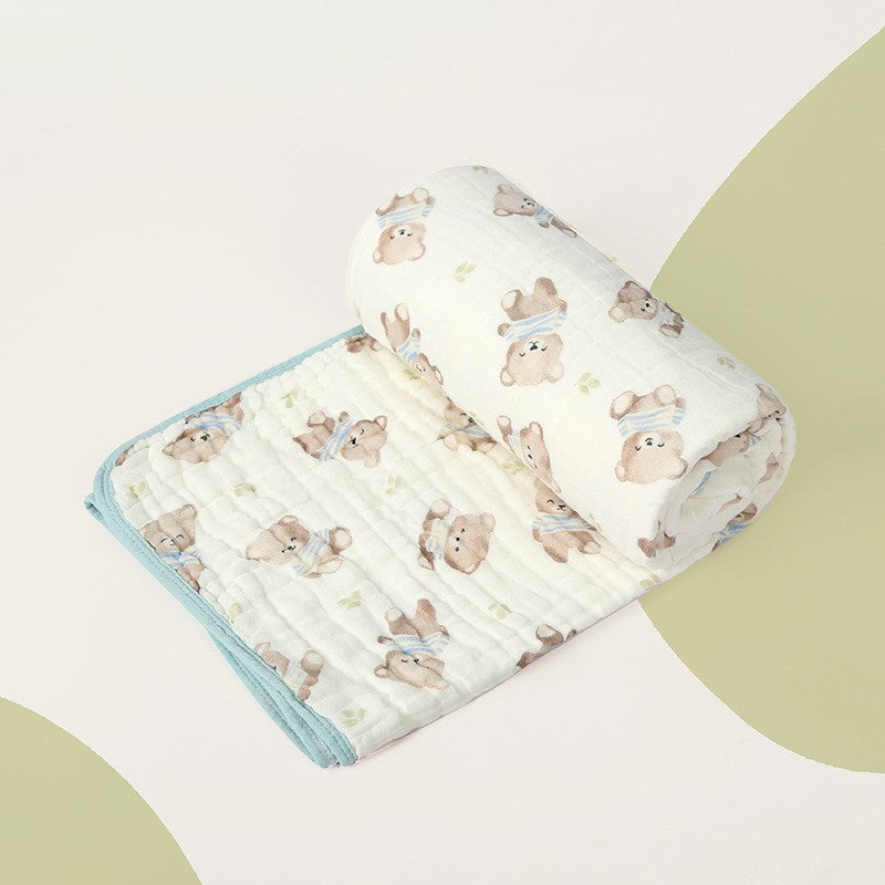 Prosop de baie din bumbac si tifon pentru Bebelusi, Kadeny, cu Sase Straturi, pentru Copii, 110x110 cm, Model Ursuleti, Bej Albastru