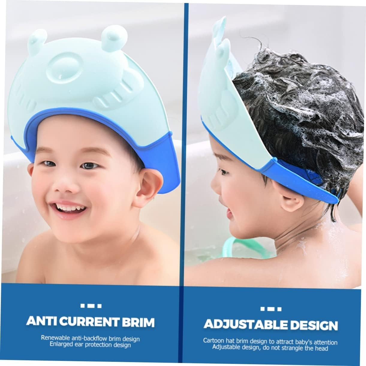 Viziera de Protectie Baie Pentru Copii, Fippy, Model Broasca, Dimensiune ajustabila, Durabil, Usor de curatat, Impotriva Samponului, pentru Ochi si Urechi, TPE+PP, 24x23 cm, Albastru