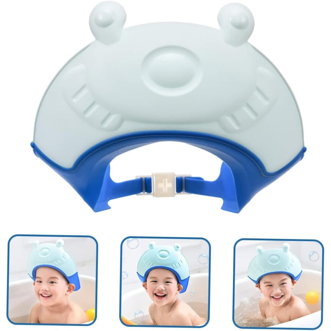 Viziera de Protectie Baie Pentru Copii, Fippy, Model Broasca, Dimensiune ajustabila, Durabil, Usor de curatat, Impotriva Samponului, pentru Ochi si Urechi, TPE+PP, 24x23 cm, Albastru