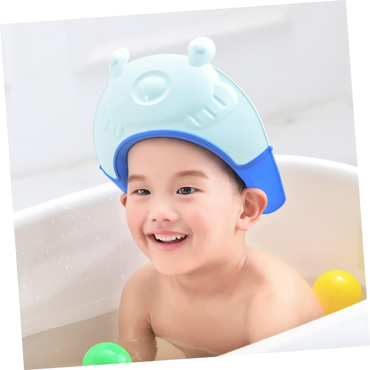 Viziera de Protectie Baie Pentru Copii, Fippy, Model Broasca, Dimensiune ajustabila, Durabil, Usor de curatat, Impotriva Samponului, pentru Ochi si Urechi, TPE+PP, 24x23 cm, Albastru