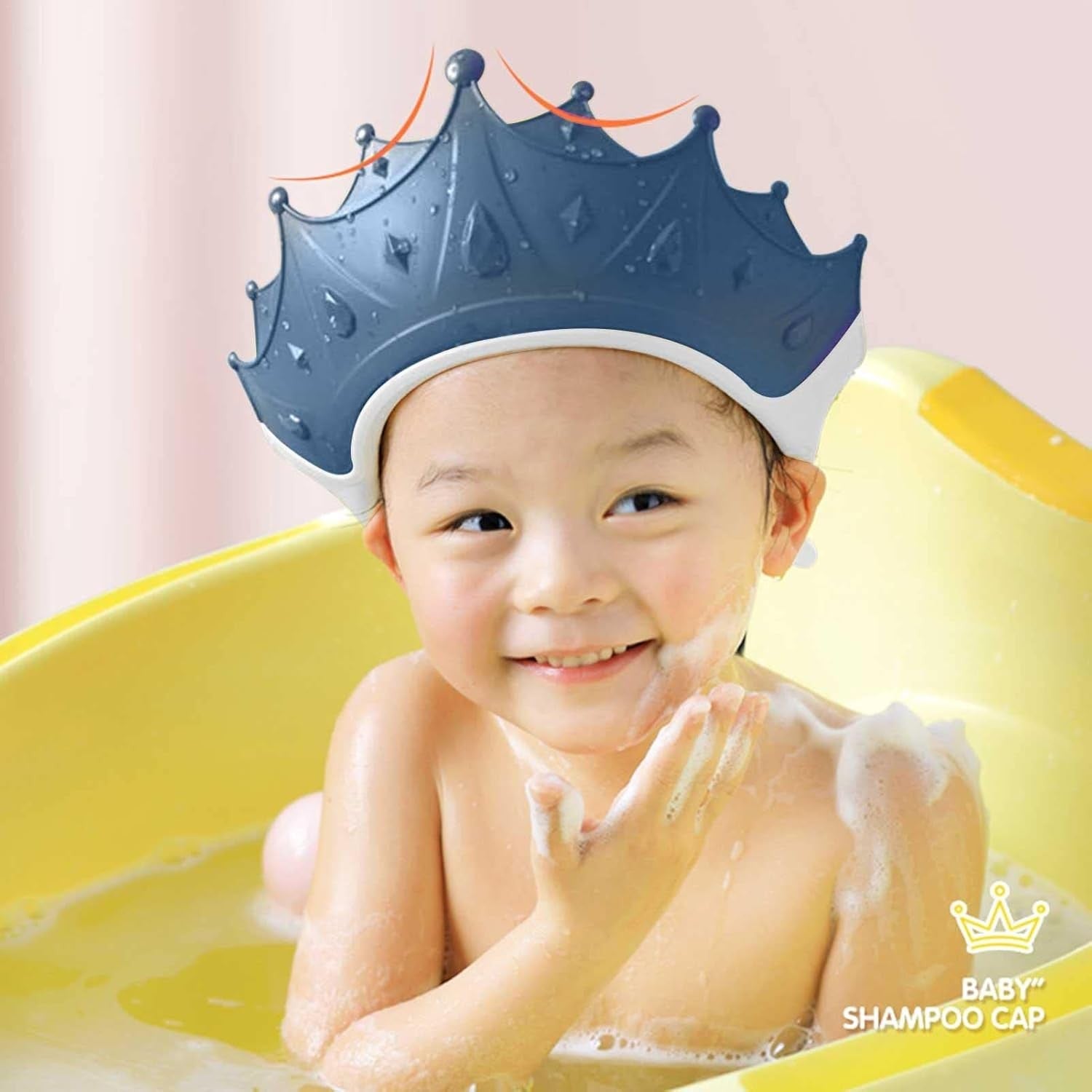 Viziera de Protectie Baie Pentru Copii, Fippy, Model Coroana, Dimensiune ajustabila, Durabil, Usor de curatat, Impotriva Samponului, pentru Ochi si Urechi, TPE+PP, 15x13 cm, Albastru Inchis