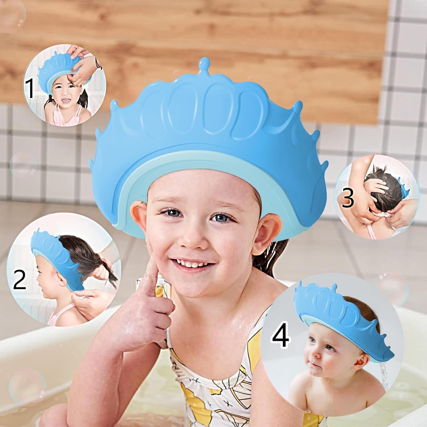 Viziera de Protectie Baie Pentru Copii, Fippy, Model Coronita, Dimensiune ajustabila, Durabil, Usor de curatat, Impotriva Samponului, pentru Ochi si Urechi, TPE+PP, 24x22 cm, Albastru