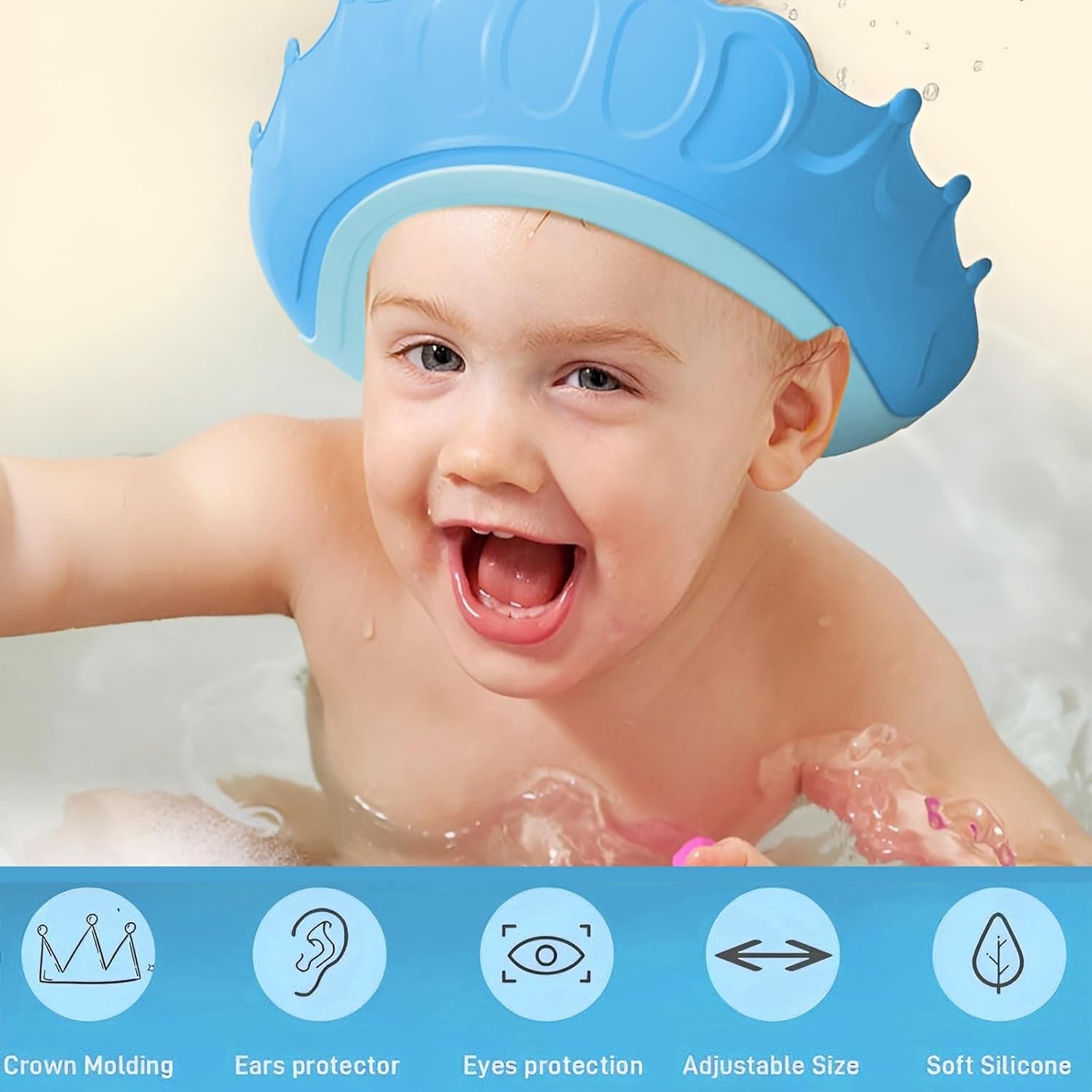 Viziera de Protectie Baie Pentru Copii, Fippy, Model Coronita, Dimensiune ajustabila, Durabil, Usor de curatat, Impotriva Samponului, pentru Ochi si Urechi, TPE+PP, 24x22 cm, Albastru