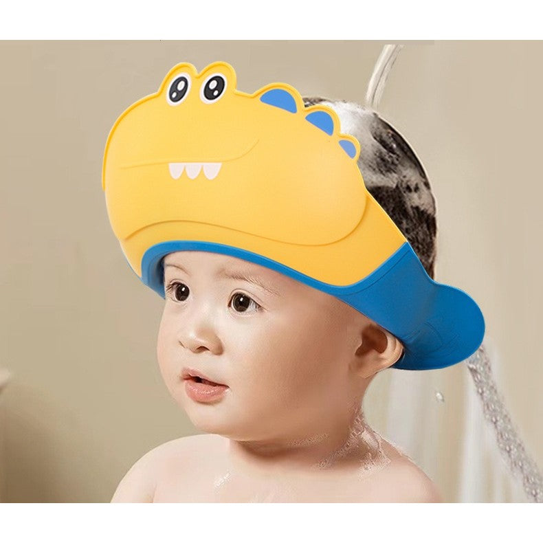 Casca de Dus, Kadeny, Previne Scurgerea Apei si Samponului pe Fata, 0-12 Ani, Ajustabila, din TPE+PP, 20 x 23 cm, Model Crocodil, Galben/Albastru