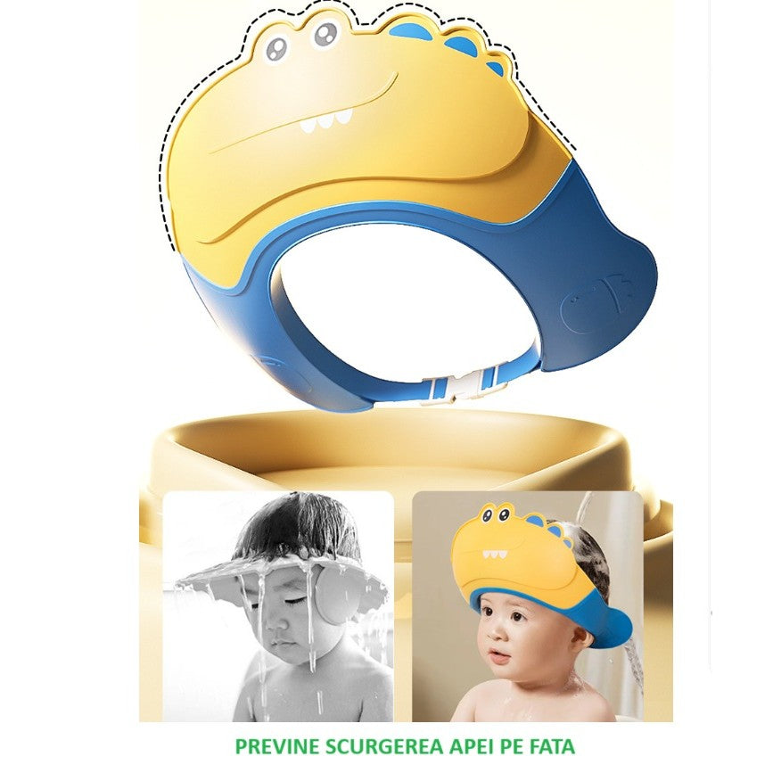 Casca de Dus, Kadeny, Previne Scurgerea Apei si Samponului pe Fata, 0-12 Ani, Ajustabila, din TPE+PP, 20 x 23 cm, Model Crocodil, Galben/Albastru