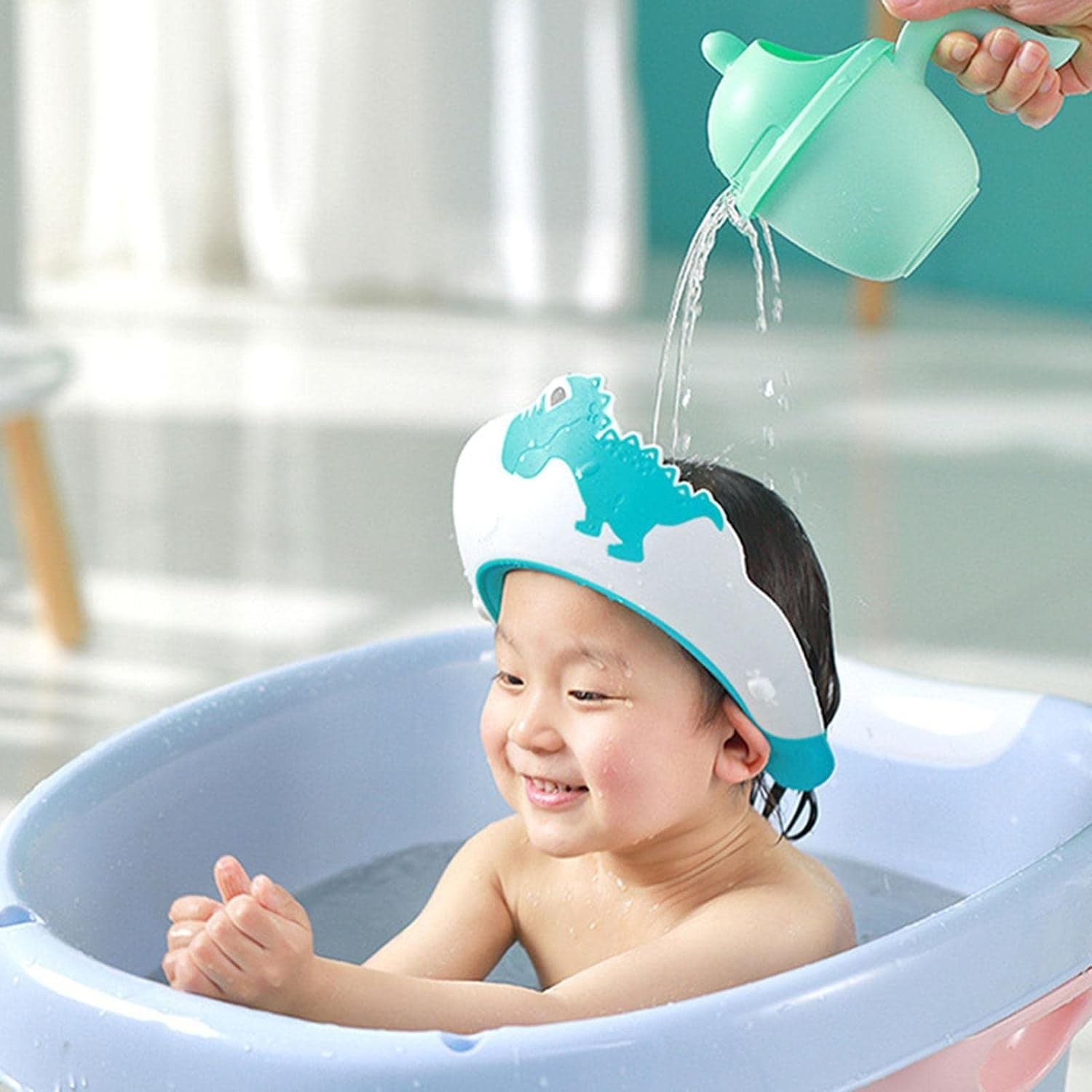 Viziera de Protectie Baie Pentru Copii, Fippy, Model Dinozaur, Dimensiune ajustabila, Durabil, Usor de curatat, Impotriva Samponului, pentru Ochi si Urechi, TPE+PP, 22x21 cm, Albastru