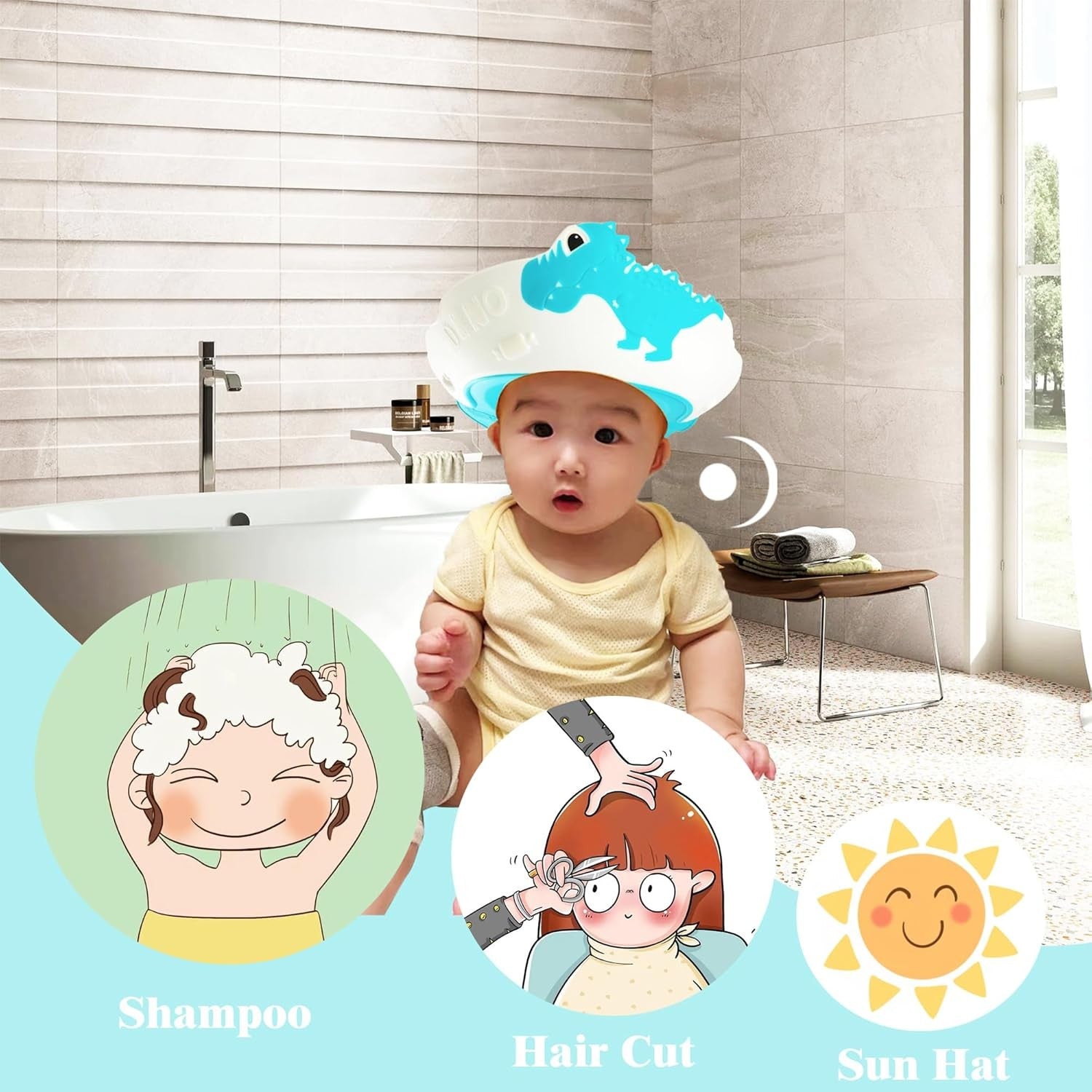 Viziera de Protectie Baie Pentru Copii, Fippy, Model Dinozaur, Dimensiune ajustabila, Durabil, Usor de curatat, Impotriva Samponului, pentru Ochi si Urechi, TPE+PP, 22x21 cm, Albastru