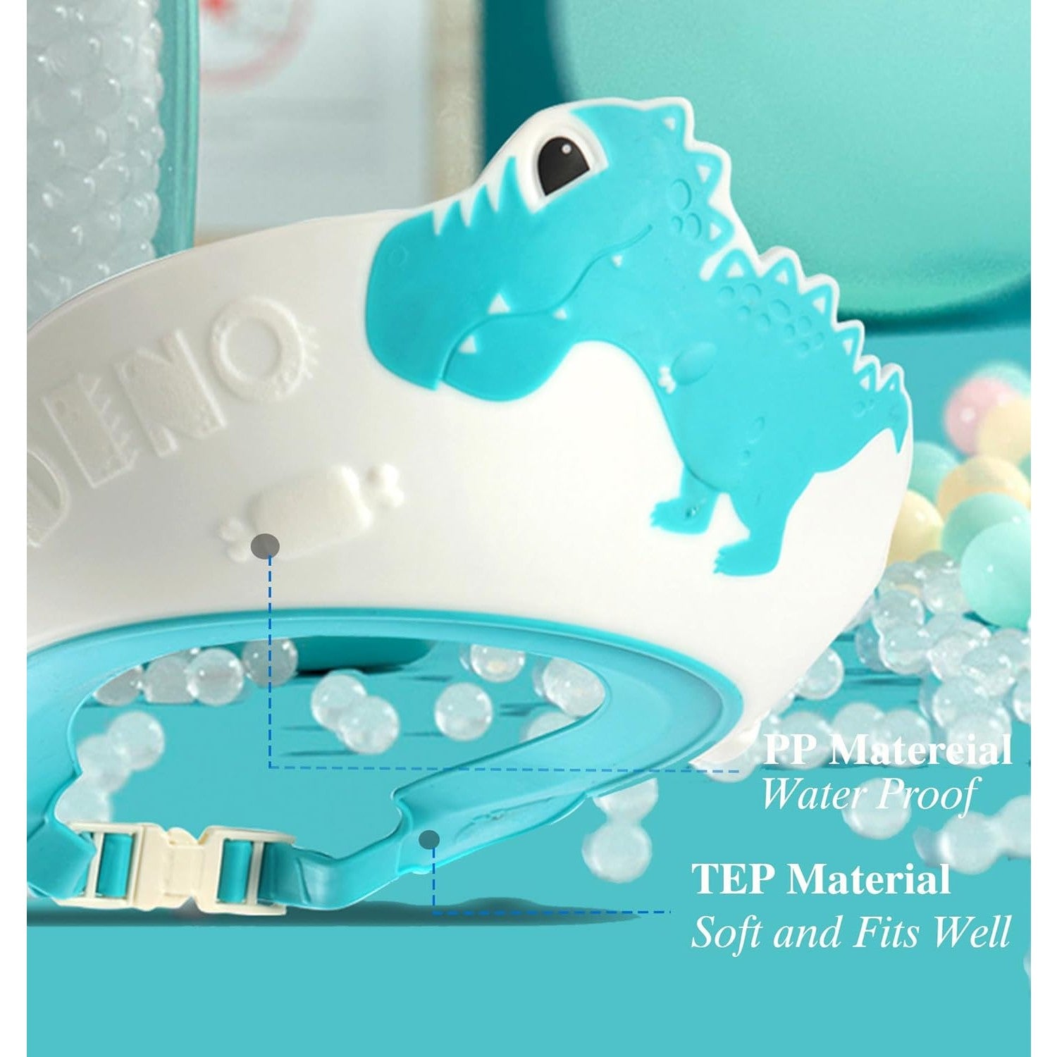 Viziera de Protectie Baie Pentru Copii, Fippy, Model Dinozaur, Dimensiune ajustabila, Durabil, Usor de curatat, Impotriva Samponului, pentru Ochi si Urechi, TPE+PP, 22x21 cm, Albastru