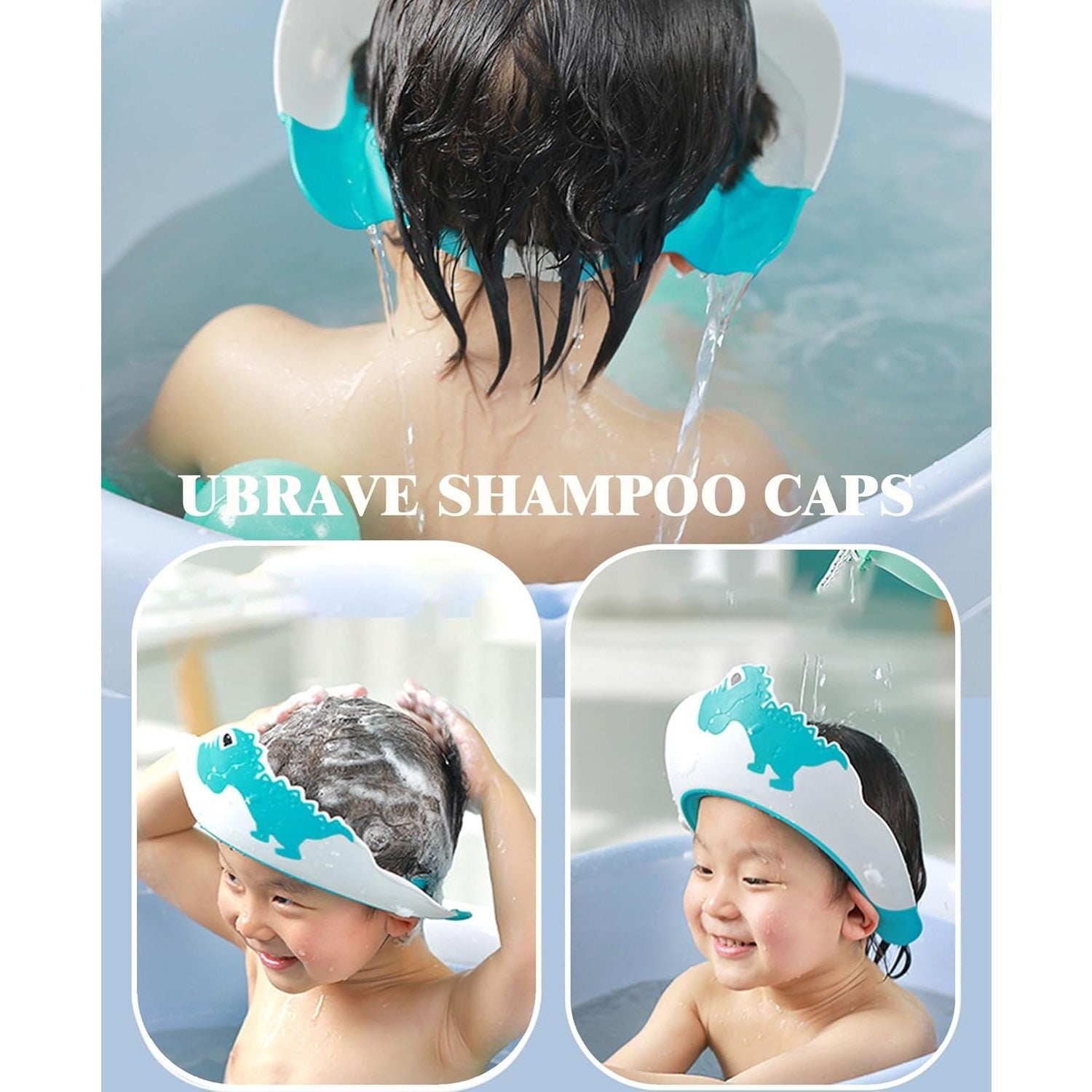 Viziera de Protectie Baie Pentru Copii, Fippy, Model Dinozaur, Dimensiune ajustabila, Durabil, Usor de curatat, Impotriva Samponului, pentru Ochi si Urechi, TPE+PP, 22x21 cm, Albastru