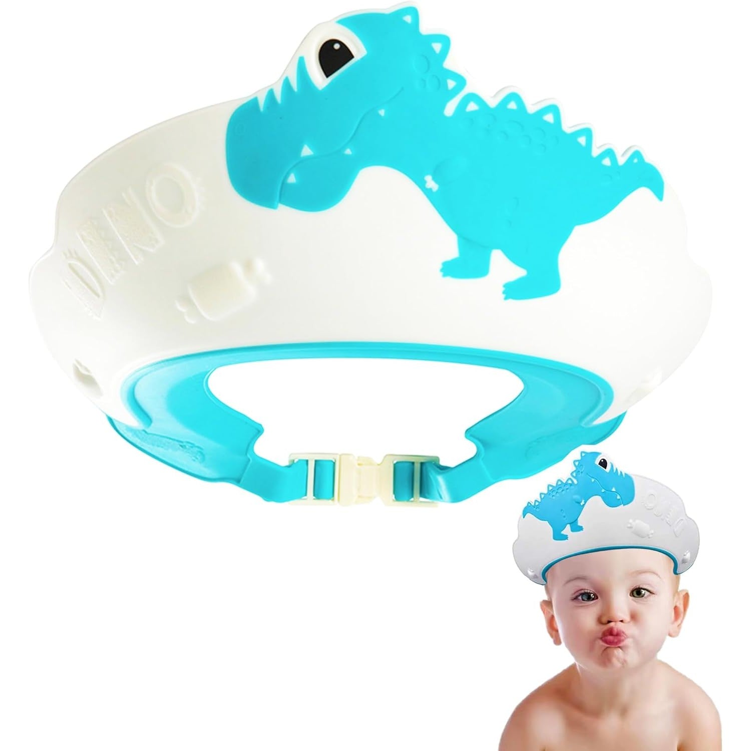 Viziera de Protectie Baie Pentru Copii, Fippy, Model Dinozaur, Dimensiune ajustabila, Durabil, Usor de curatat, Impotriva Samponului, pentru Ochi si Urechi, TPE+PP, 22x21 cm, Albastru