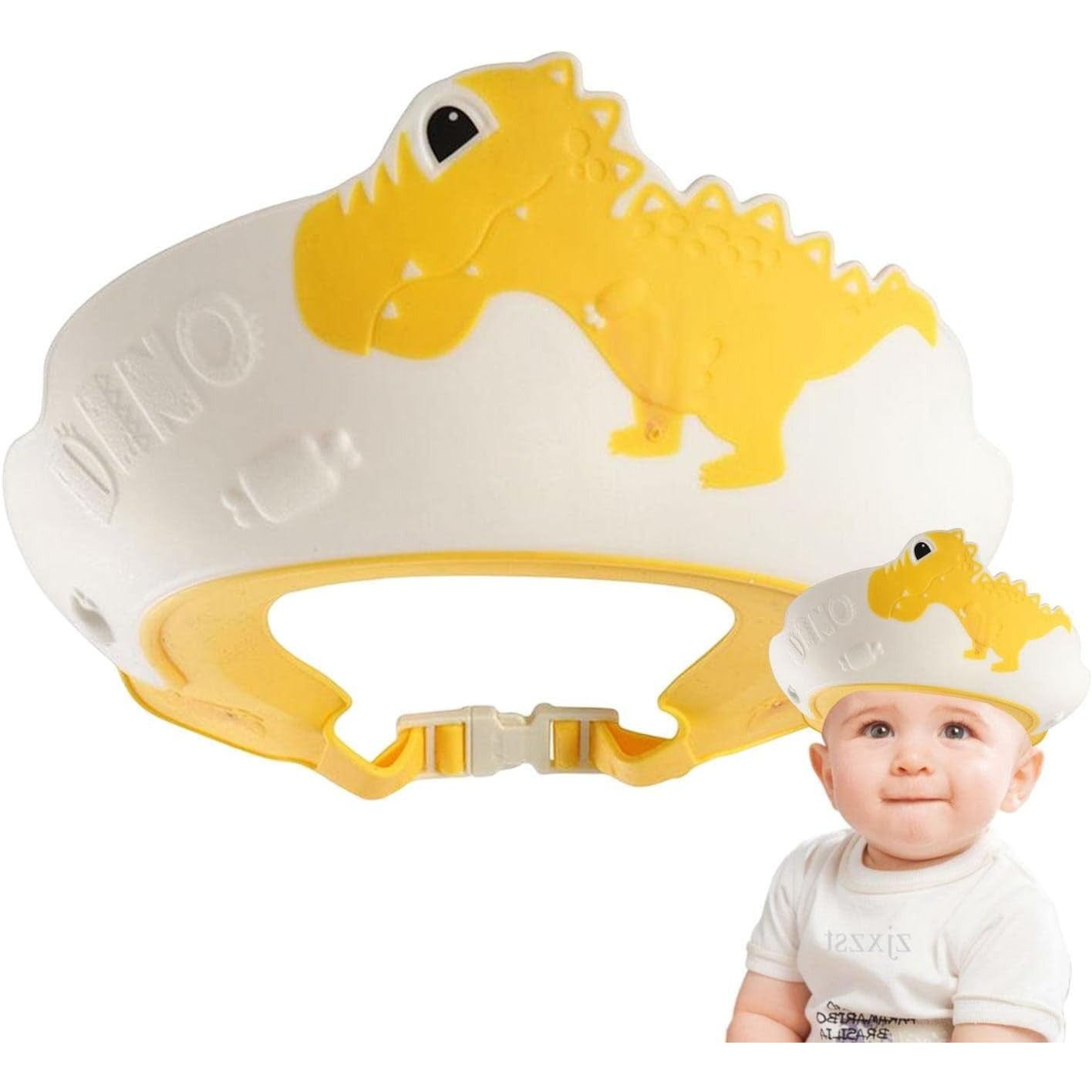 Viziera de Protectie Baie Pentru Copii, Fippy, Model Dinozaur, Dimensiune ajustabila, Durabil, Usor de curatat, Impotriva Samponului, pentru Ochi si Urechi, TPE+PP, 22x21 cm, Galben