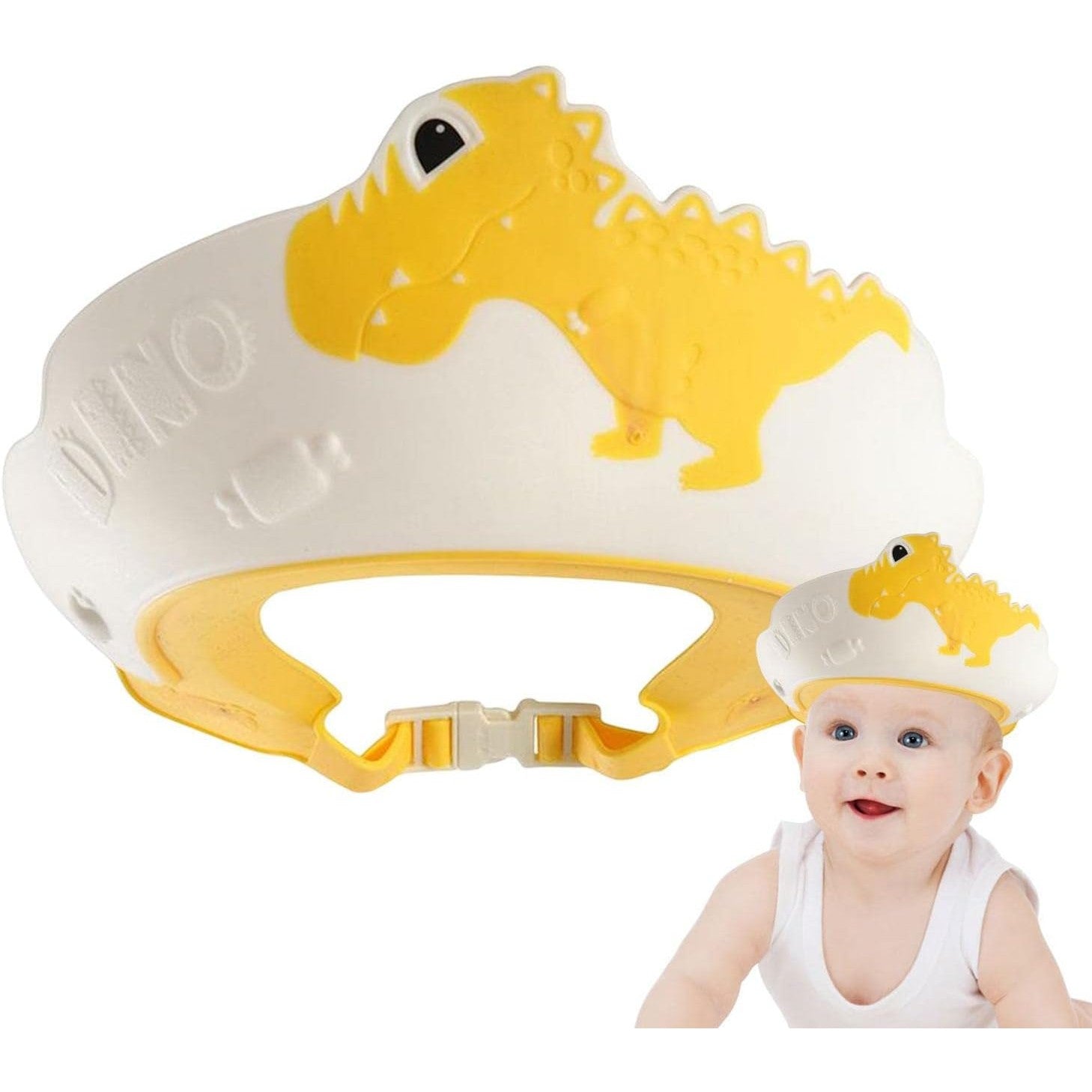 Viziera de Protectie Baie Pentru Copii, Fippy, Model Dinozaur, Dimensiune ajustabila, Durabil, Usor de curatat, Impotriva Samponului, pentru Ochi si Urechi, TPE+PP, 22x21 cm, Galben