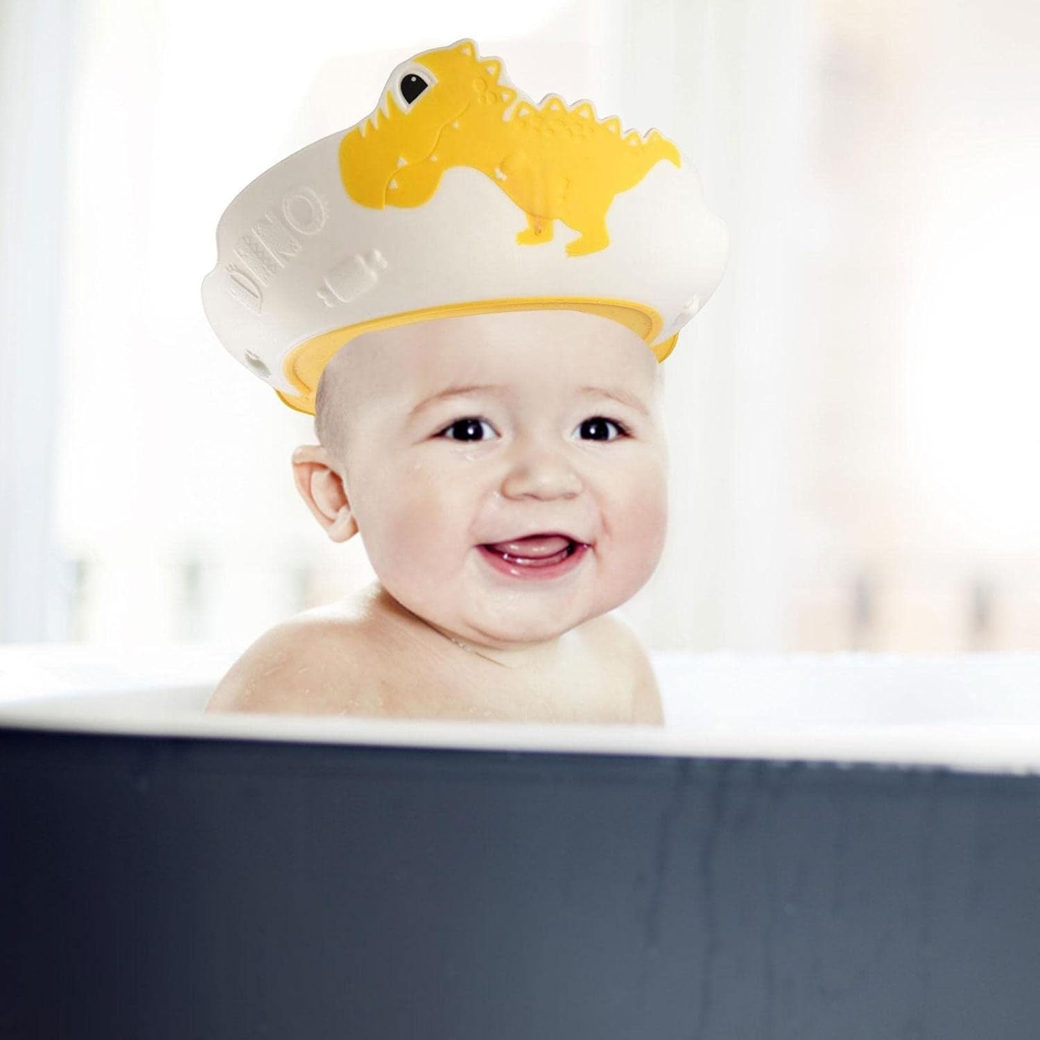 Viziera de Protectie Baie Pentru Copii, Fippy, Model Dinozaur, Dimensiune ajustabila, Durabil, Usor de curatat, Impotriva Samponului, pentru Ochi si Urechi, TPE+PP, 22x21 cm, Galben