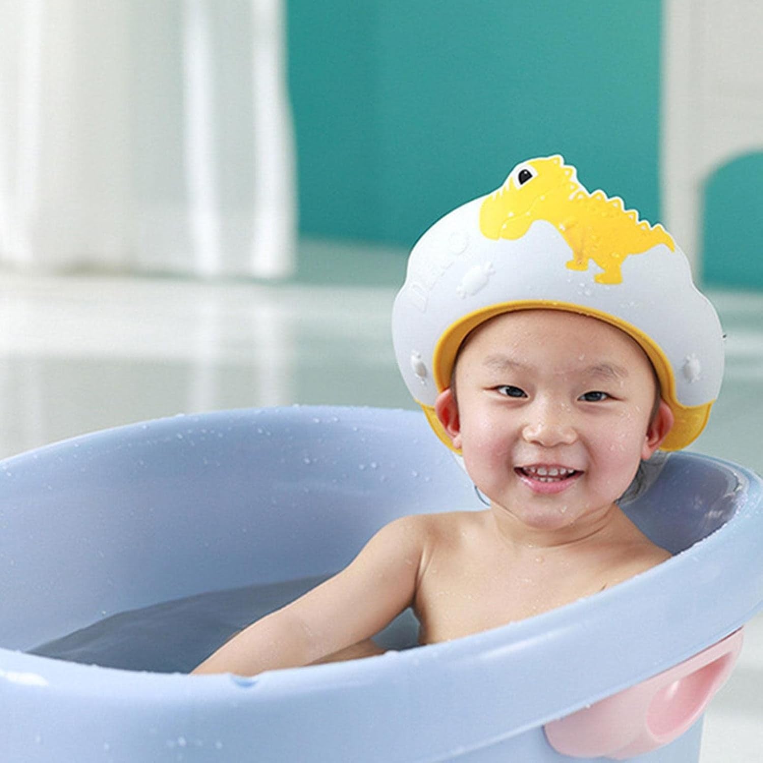 Viziera de Protectie Baie Pentru Copii, Fippy, Model Dinozaur, Dimensiune ajustabila, Durabil, Usor de curatat, Impotriva Samponului, pentru Ochi si Urechi, TPE+PP, 22x21 cm, Galben