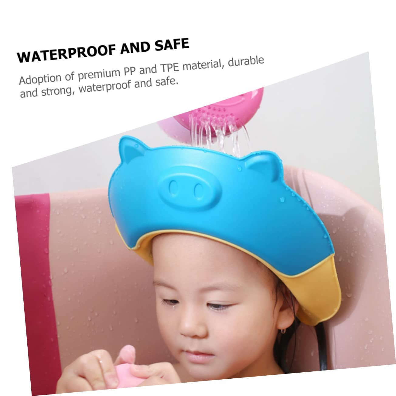 Viziera de Protectie Baie Pentru Copii, Fippy, Model Purcelus, Dimensiune ajustabila, Durabil, Usor de curatat, Impotriva Samponului, pentru Ochi si Urechi, TPE+PP, 23x23 cm, Albastru