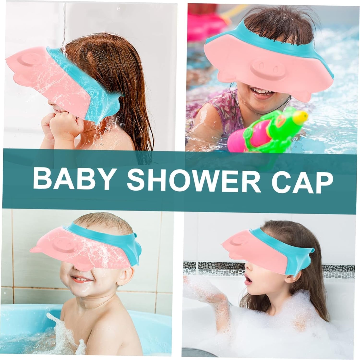 Viziera de Protectie Baie Pentru Copii, Fippy, Model Purcelus, Dimensiune ajustabila, Durabil, Usor de curatat, Impotriva Samponului, pentru Ochi si Urechi, TPE+PP, 23x23 cm, Roz