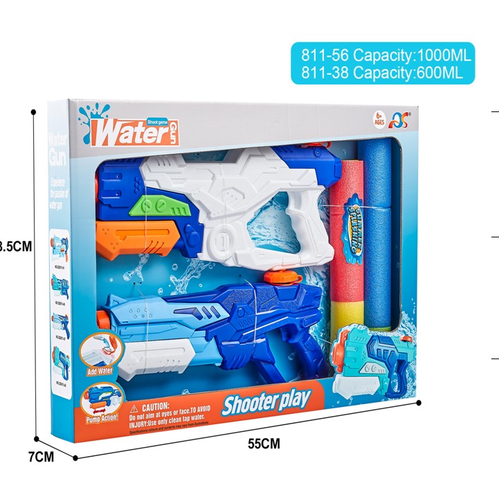 Set 2x Pistol cu Apa pentru Copii, Rezervor, Pentru Piscina/Plaja, Kaveny, 6ani+, Alb/Albastru + Albastru, 1000 ML + 600 ML