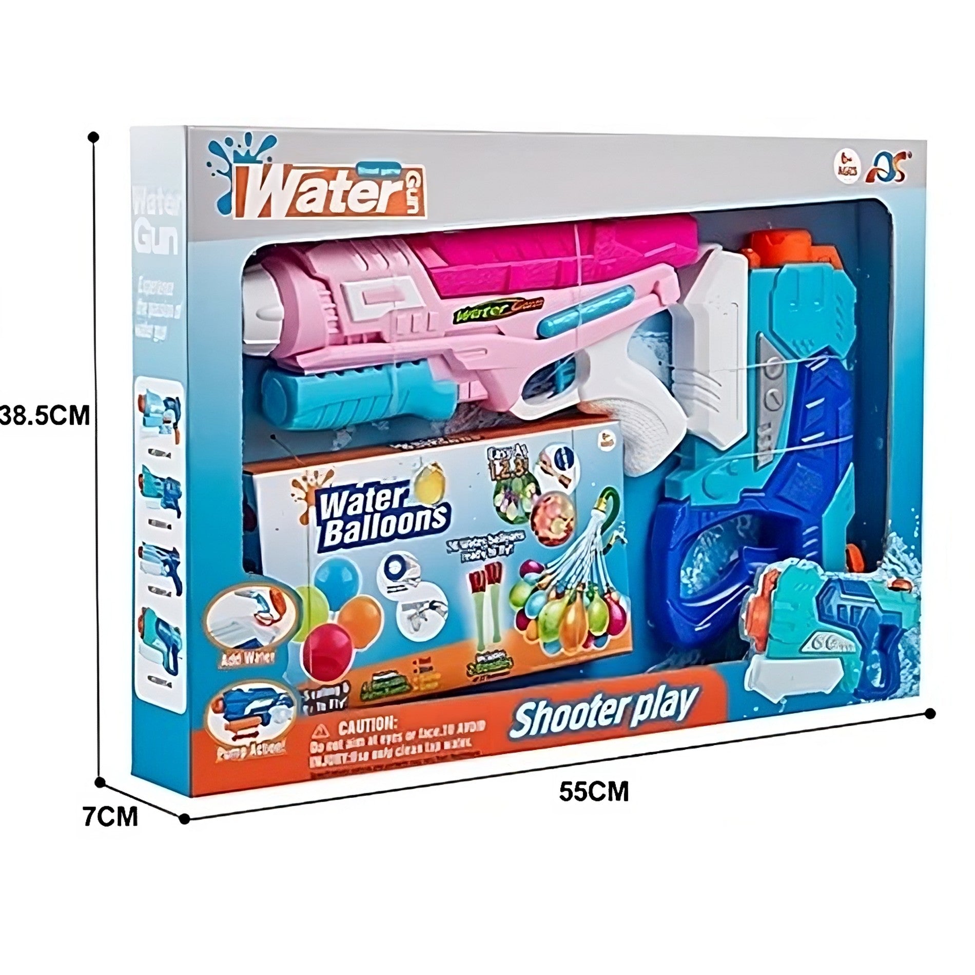 Set 2x Pistol cu Apa pentru Copii, Kaveny, 6ani+, cu baloane de apa, Albastru + Roz, 1x 600 ML +  1x 550 ML