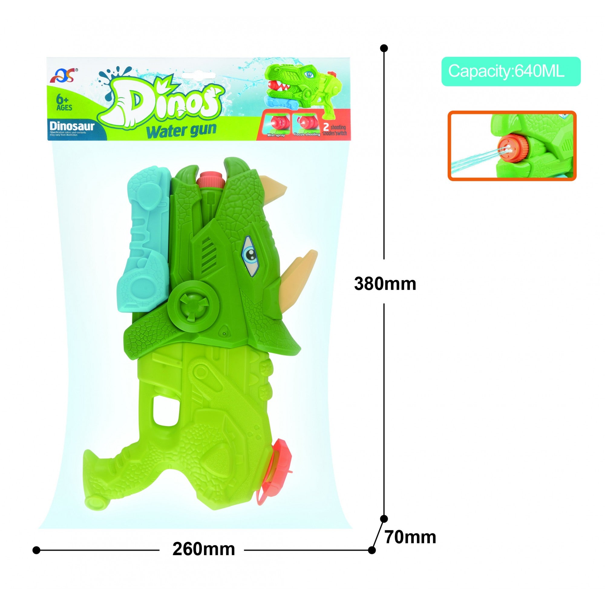 Pistol cu Apa pentru Copii, Rezervor, Pentru Piscina/Plaja, Kaveny, 6ani+, Triceratops, 3 duze, Verde, 640ML