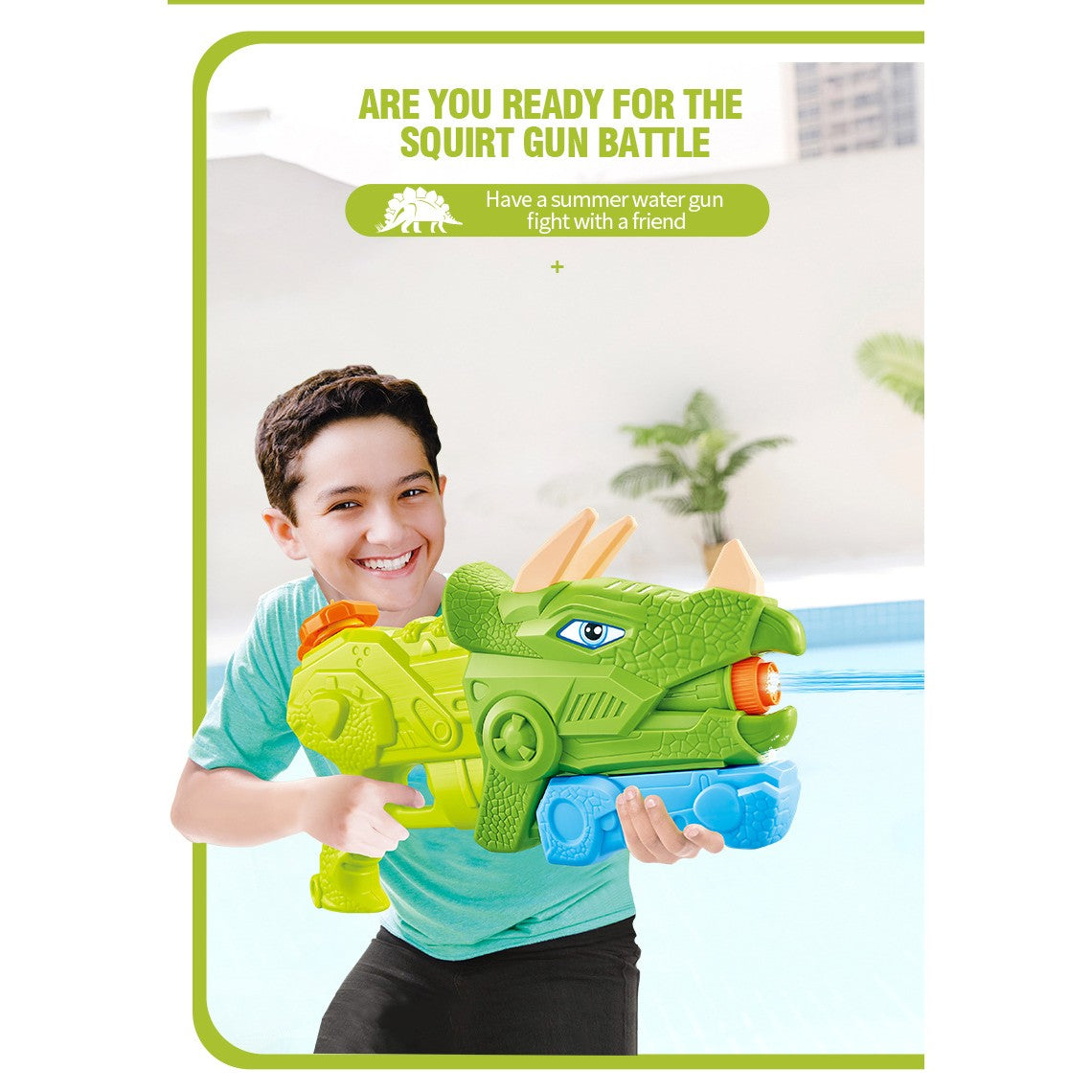 Pistol cu Apa pentru Copii, Rezervor, Pentru Piscina/Plaja, Kaveny, 6ani+, Triceratops, 3 duze, Verde, 640ML
