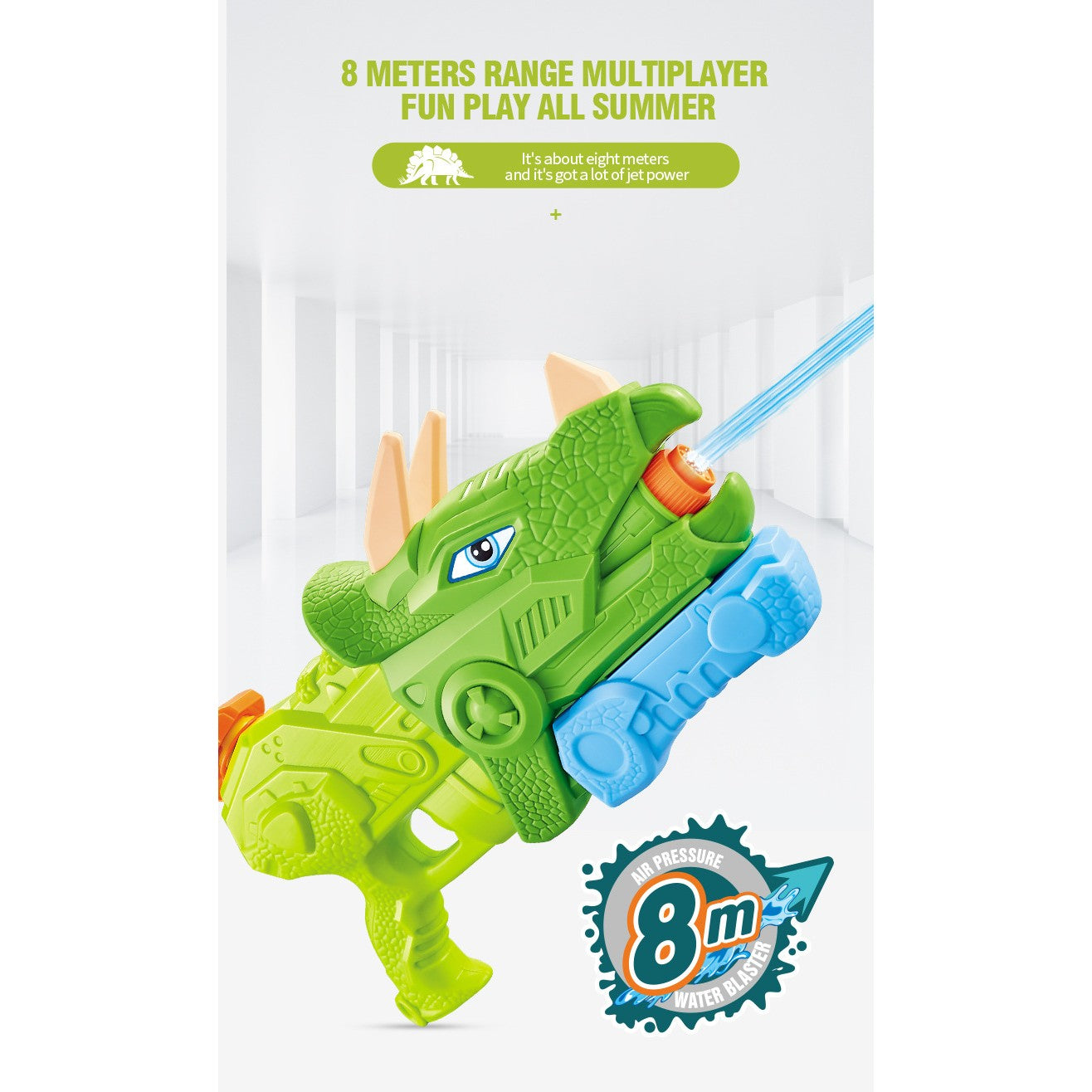 Pistol cu Apa pentru Copii, Rezervor, Pentru Piscina/Plaja, Kaveny, 6ani+, Triceratops, 3 duze, Verde, 640ML