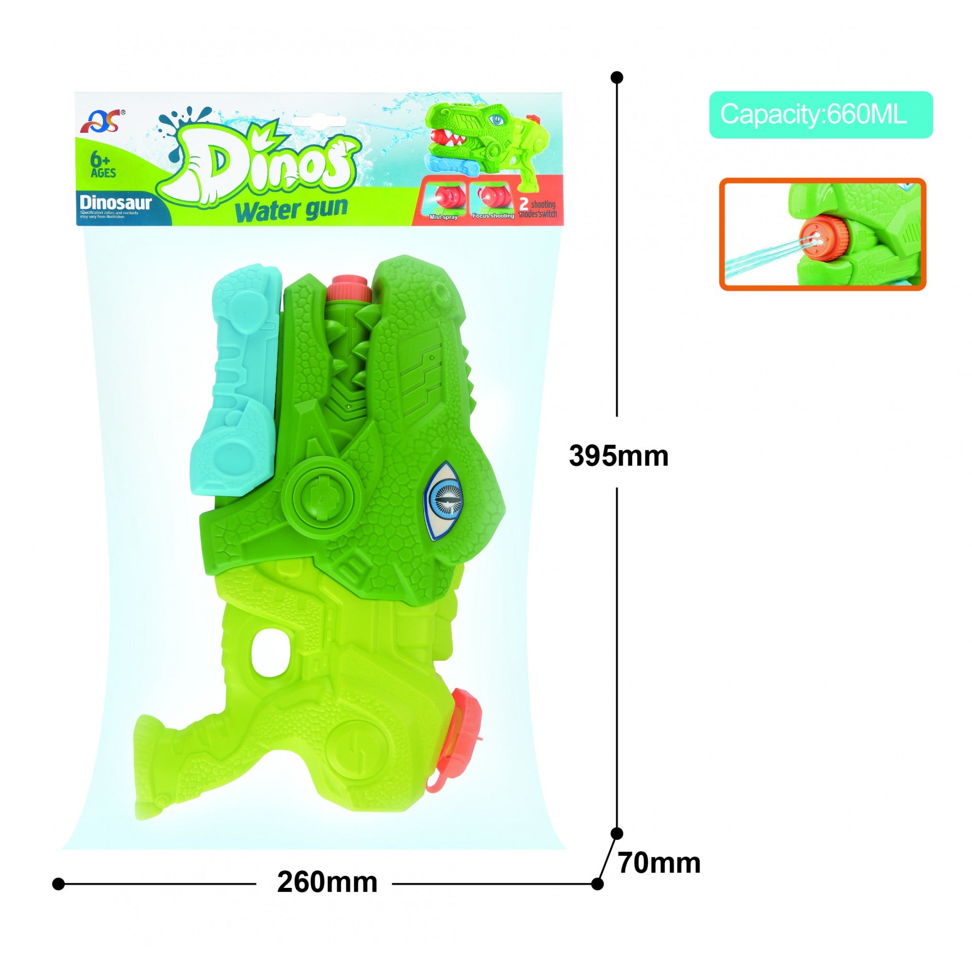 Pistol cu Apa pentru Copii, Rezervor, Pentru Piscina/Plaja, Kaveny, 6ani+, Tiranozaur, 3 duze, Verde, 660ML