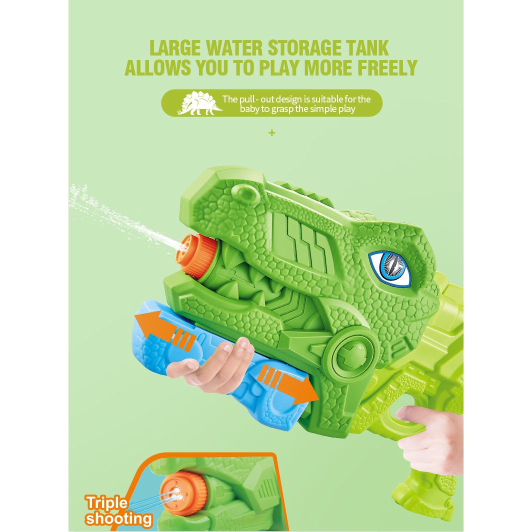 Pistol cu Apa pentru Copii, Rezervor, Pentru Piscina/Plaja, Kaveny, 6ani+, Tiranozaur, 3 duze, Verde, 660ML