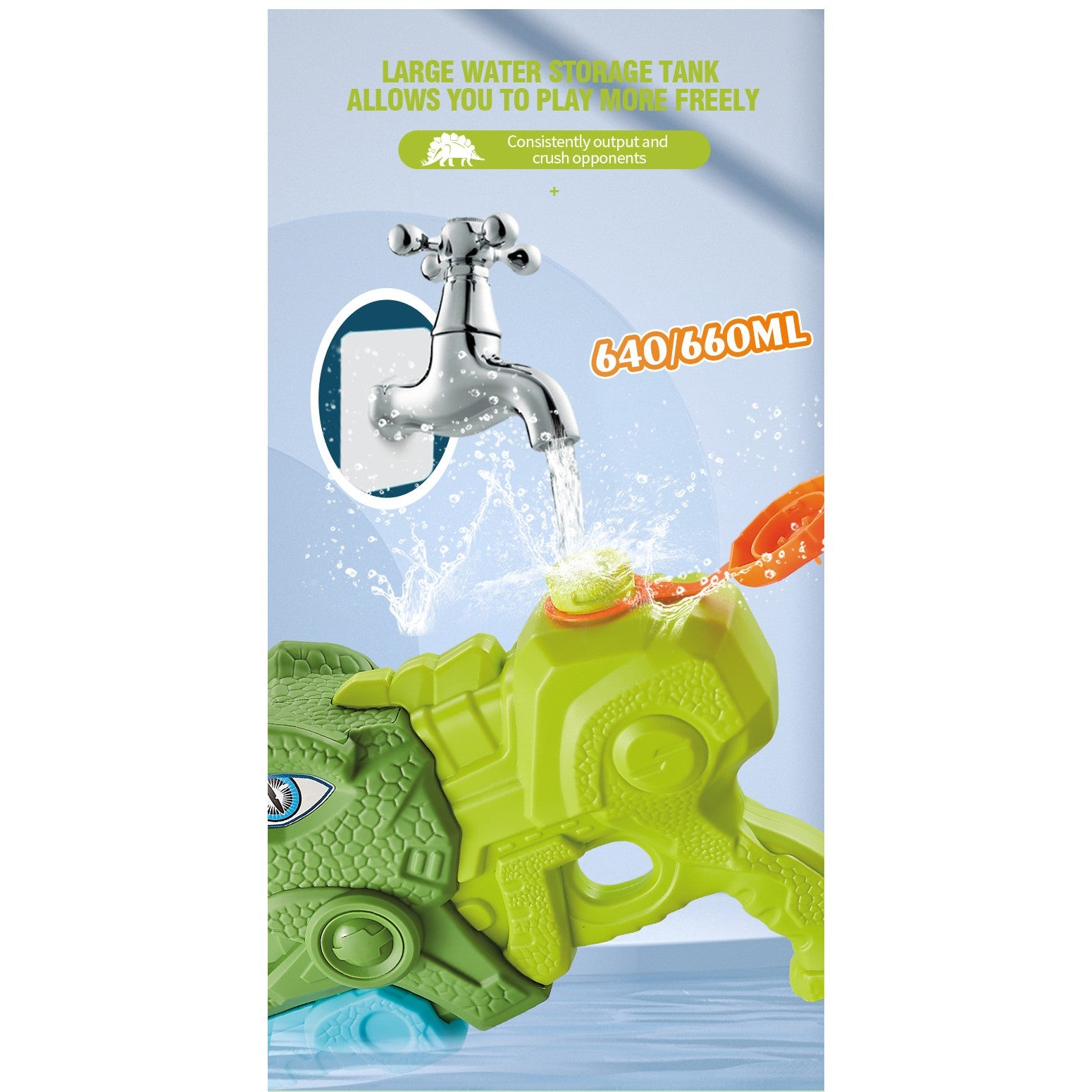 Pistol cu Apa pentru Copii, Rezervor, Pentru Piscina/Plaja, Kaveny, 6ani+, Tiranozaur, 3 duze, Verde, 660ML