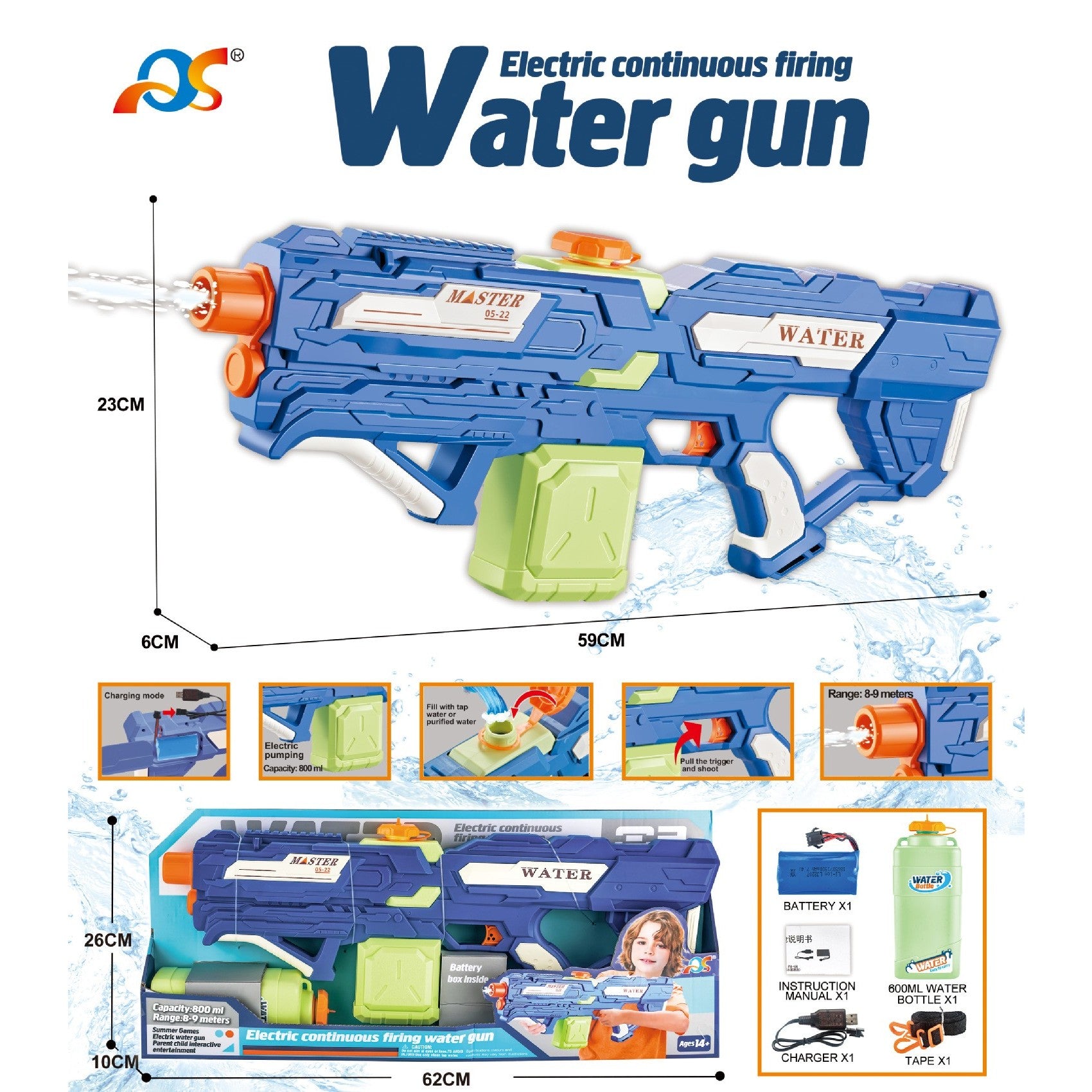 Pistol cu Apa pentru Copii, Rezervor 600ml, Kaveny, 14ani+, cu baterie 1200mAh, Electric Burst, Albastru/Verde, 800ML