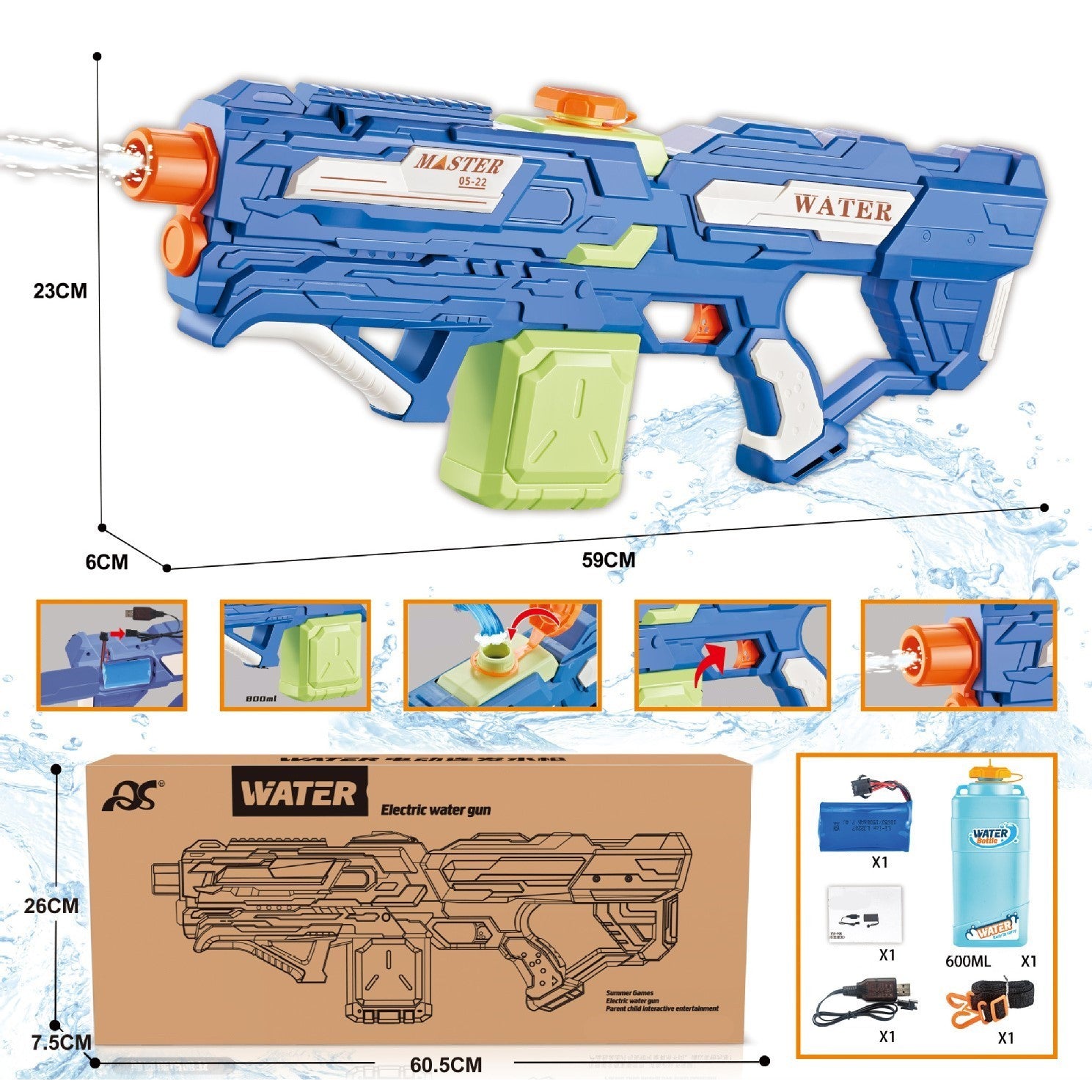 Pistol cu Apa pentru Copii, Rezervor 600ml, Kaveny, 14ani+, cu baterie 1500mAh, Electric Burst, Albastru/Verde, 800ML