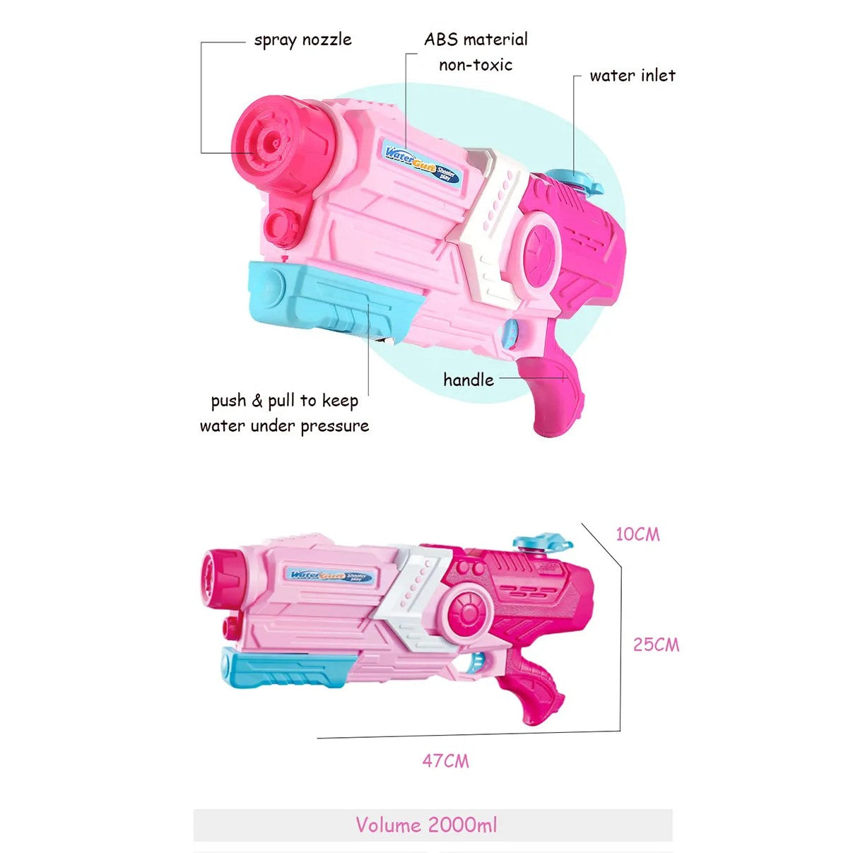 Pistol cu Apa pentru Copii, Rezervor, Pentru Piscina/Plaja, Kaveny, 6ani+, Roz, 2000ML