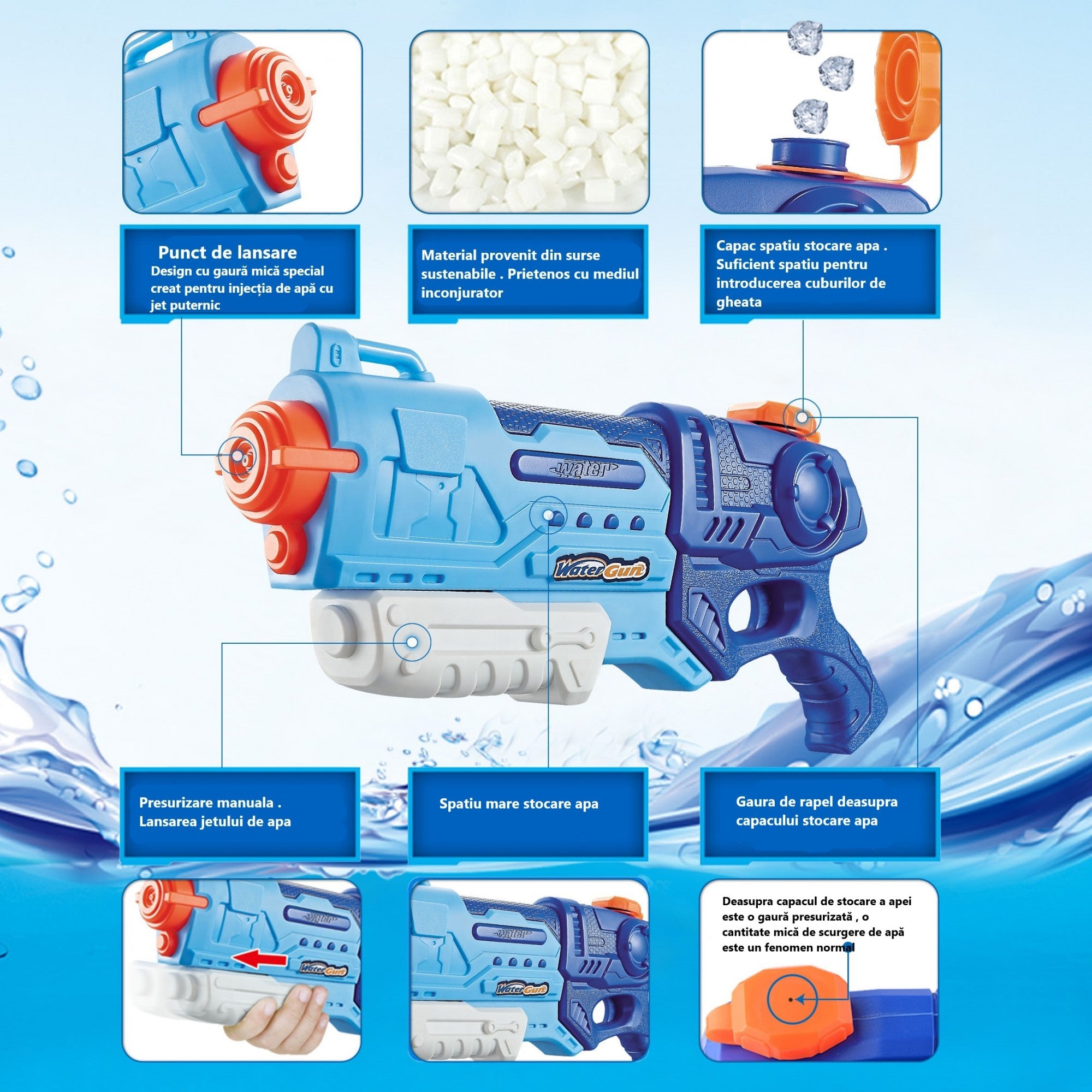 Pistol cu Apa pentru Copii, Rezervor, Pentru Piscina/Plaja, Kaveny, 6ani+,  Albastru, 990ML