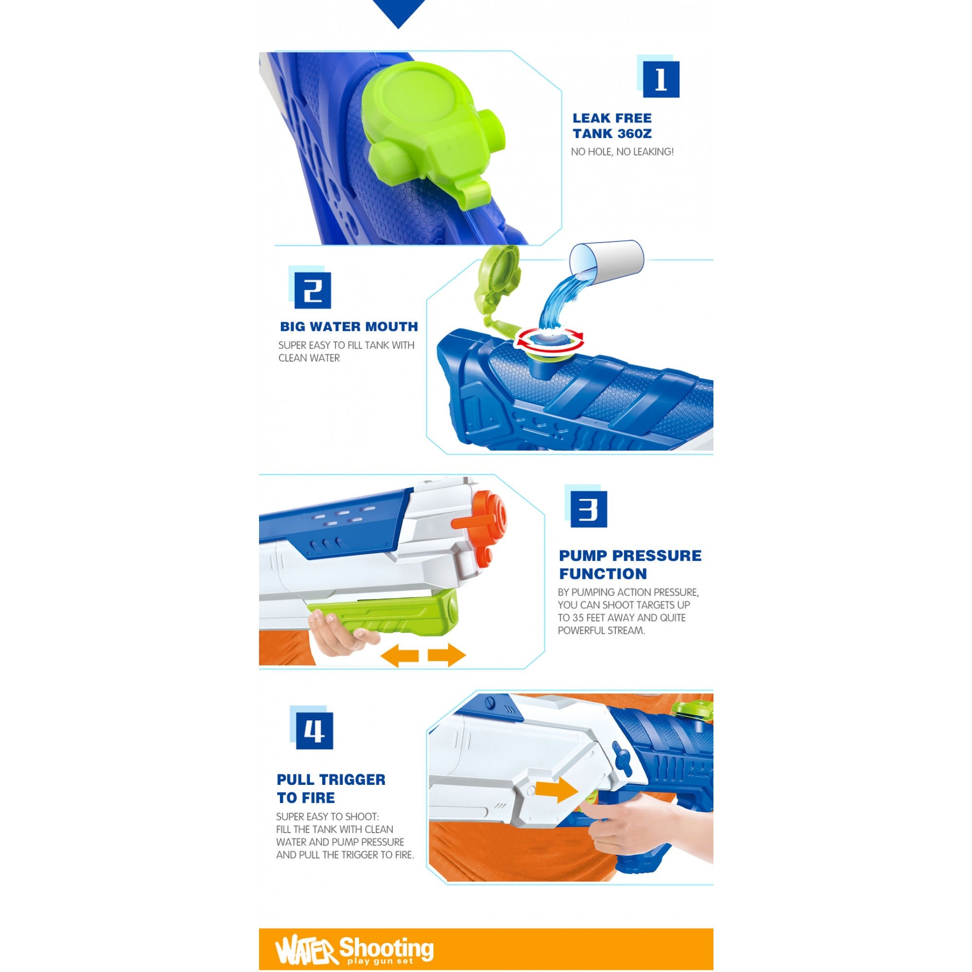 Pistol cu Apa pentru Copii, Rezervor, Pentru Piscina/Plaja, Kaveny, 6ani+,  Multicolor, 1200ML