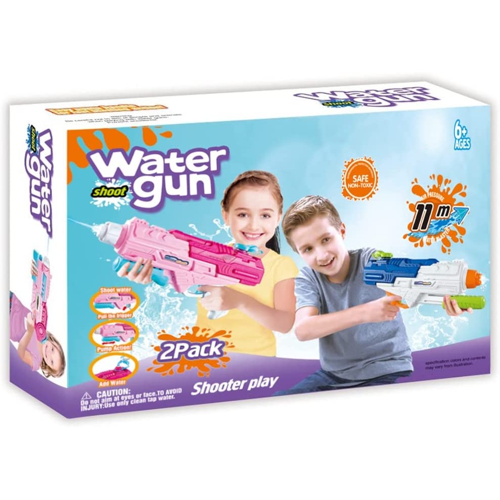 Set 2x Pistol cu Apa pentru Copii, Rezervor, Pentru Piscina/Plaja, Kaveny, 6ani+, Roz + Albastru, 1200 ML
