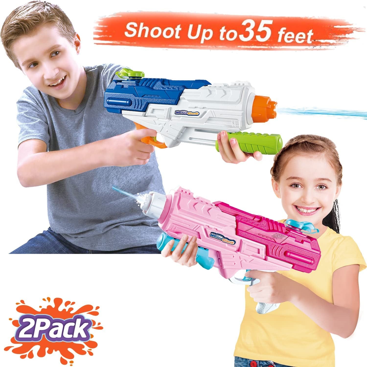 Set 2x Pistol cu Apa pentru Copii, Rezervor, Pentru Piscina/Plaja, Kaveny, 6ani+, Roz + Albastru, 1200 ML