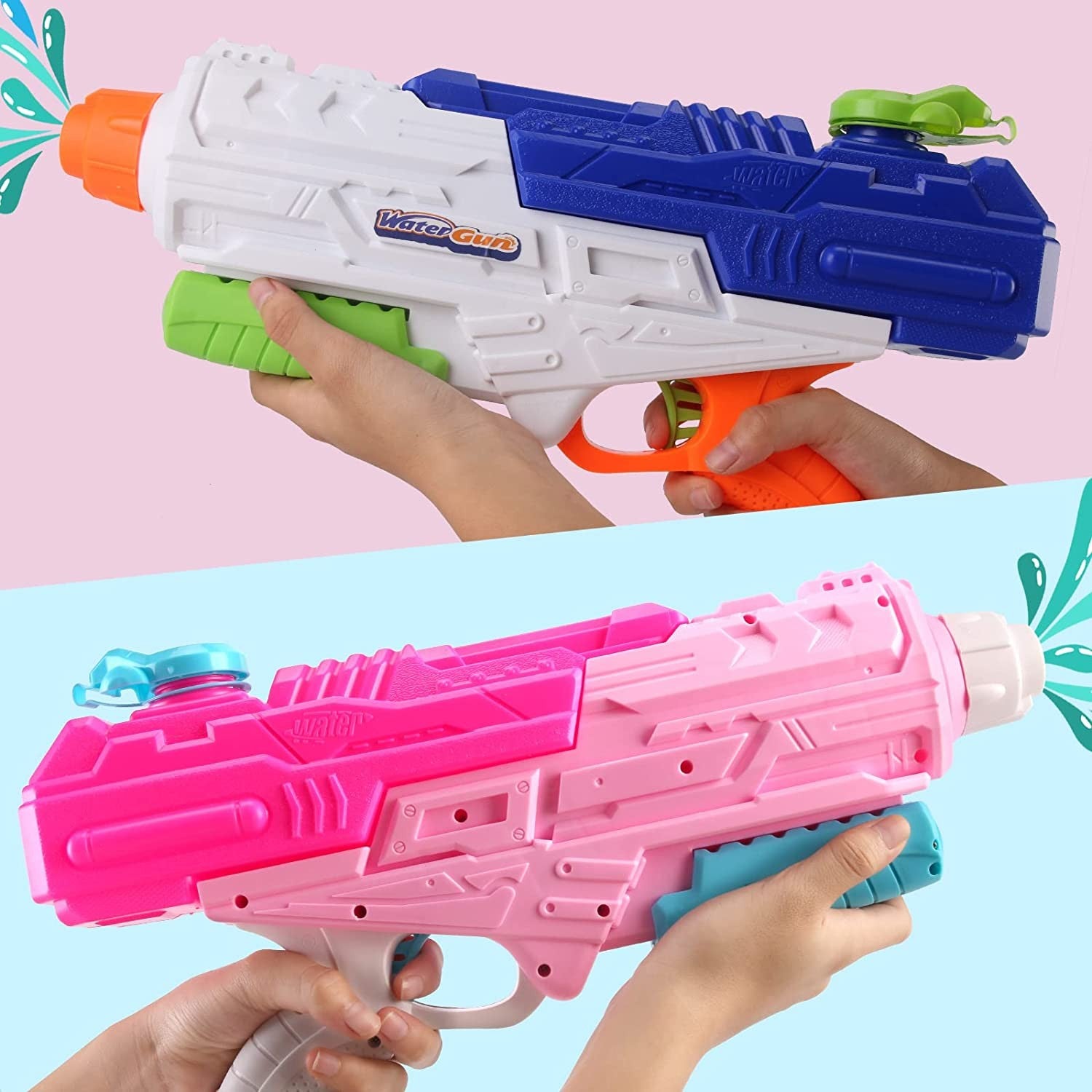 Set 2x Pistol cu Apa pentru Copii, Rezervor, Pentru Piscina/Plaja, Kaveny, 6ani+, Roz + Albastru, 1200 ML