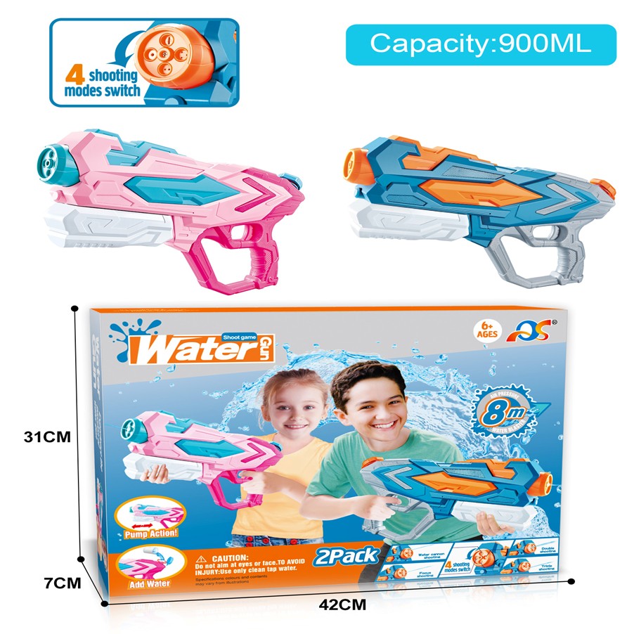 Set 2x Pistol cu Apa pentru Copii, Rezervor, Pentru Piscina/Plaja, Kaveny, 6ani+, Roz + Albastru, 4 duze, 900 ML