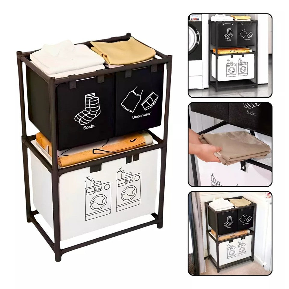 Cos de Rufe, Kadeny, cu 2 Etaje, Kadeny, 3 Cosuri, Cadru de Otel Inoxidabil, 97x28x57 cm, Negru