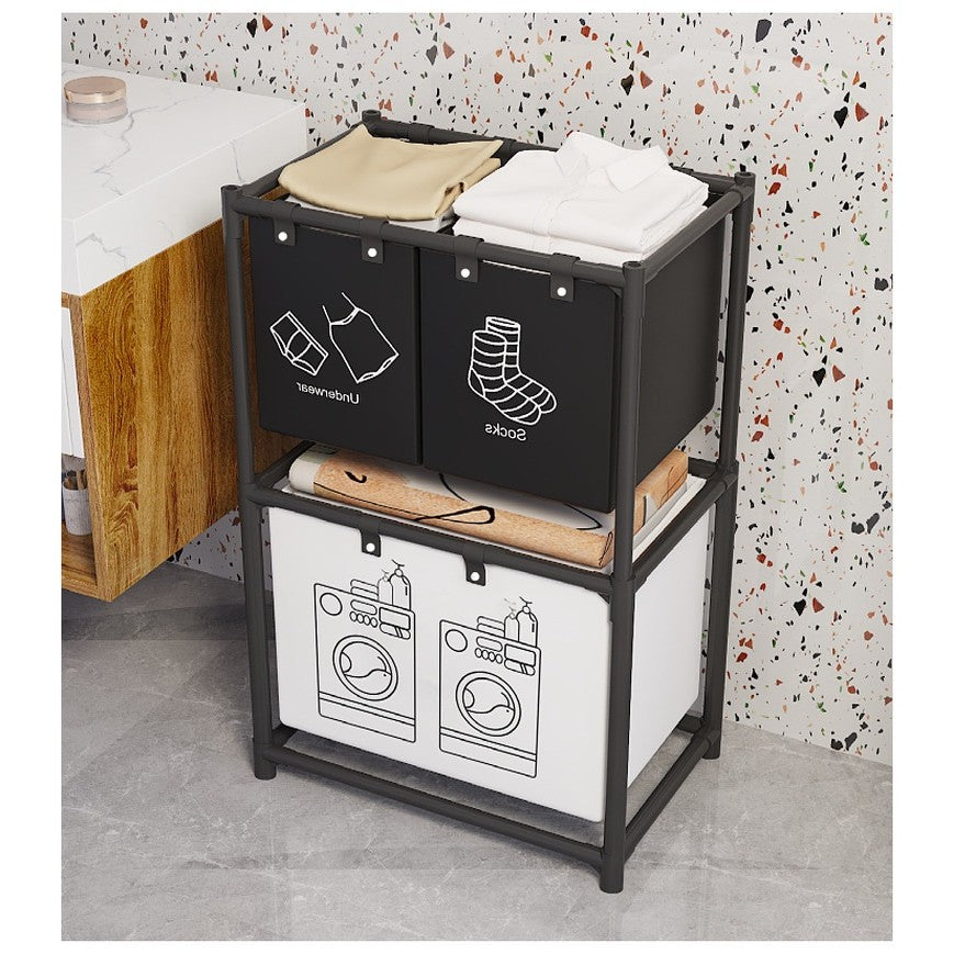 Cos de Rufe, Kadeny, cu 2 Etaje, Kadeny, 3 Cosuri, Cadru de Otel Inoxidabil, 97x28x57 cm, Negru